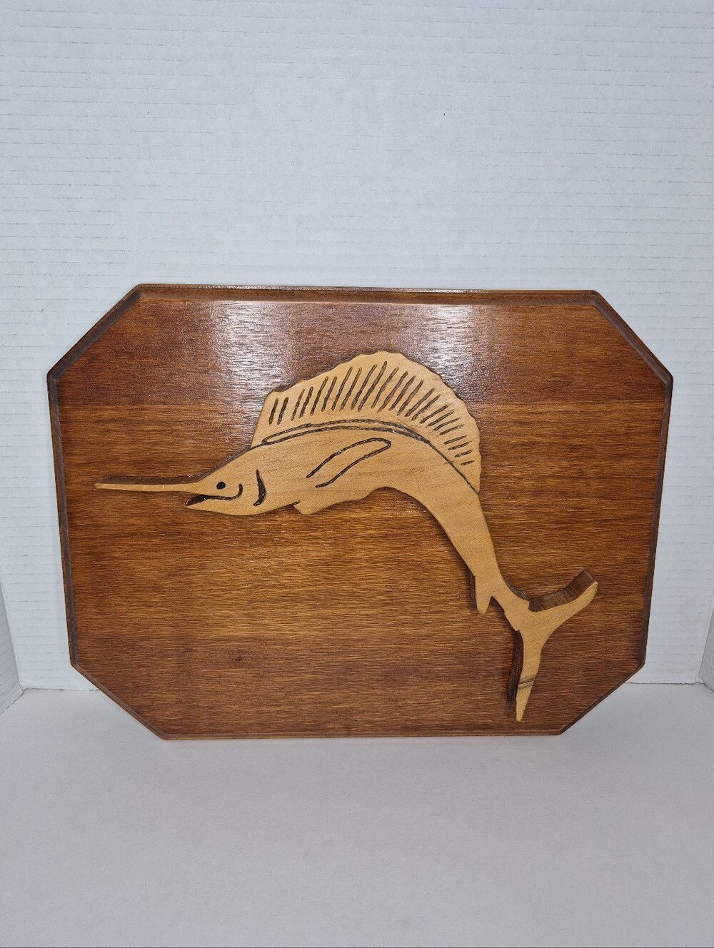 Vintage Hand Carved Wood Sailfish Marlin Plaque Signed Coastal Nautical 1994